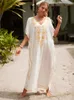 Dames badmode edolynsa witte vintage geborduurde lange kaftan casual v-neck maxi jurk zomer kleding vrouwen strand dragen zwempak bedekking