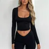 Camisetas para mujer Tops recortados delgados para mujer Otoño Casual Color sólido Manga larga Cuello en U Atadura trasera Mostrar ombligo Camiseta Parte inferior femenina Y2K