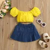 Clothing Sets 1-6 Years Girls Summer Clothes Solid Color Off Shoulder T Shirts Crop Tops Denim A-Line Skirts 2pcs Fashion