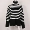 Schwarz Weiß Streifen Pullover Streetwear Lose Tops Frauen Pullover Weibliche Jumper Langarm Rollkragen Gestrickte Rippen Pullover