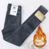 Kvinnors jeans tjocka sammet mager för kvinnor hög midja fleece smal passande stretch damer vinter varm casual denim penna byxor 230223