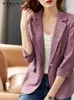 Kadınlar Suits Blazers Vimly Ofis İş Takımı Blazers Ceket Kadınlar Bahar Sonbahar Zarif Mor 3/4 Kollu Boyun İnce Kısa Dış Giyim V5188 230223