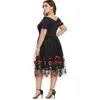 Casual Dresses Women Plus Size Off the Shoulder Floral Brodery A Line Dress Mesh Patchwork Kort ärm Mid-Calf Party Vestidos