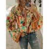 Women's Blouses Women Print Casual Loose Tops Stand V Neck Long Sleeves Button Plus Size Pullover Female Tee Shirts Blouse