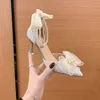 Dress Shoes White Beaded Bow Shoes for Women Sandals 5cm Summer Fairy Wind Pointed Pink High-heeled Tie Chunky Heel Wedding Shoes 230223