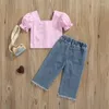 衣料品セット1-6年女の子2PCSパンツセットショートスリーブストライプトリッピングTシャツリッピングロングデニムサマーサマー居心地