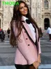 Women's Suits Blazers T MODA Women Elegant Pink Texture Double Breasted Tweed Blazer Long Sleeve Pockets Coats Female Fashion Streetwear Tops 230223