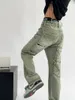 Damenjeans Europäische und amerikanische grüne High-Waist-Multi-Pocket-Loose-Jeans Y2K sexy Street-Trend gerade Hose mit weitem Bein 230223