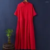 Party Dresses Summer Style Women Dress 2023 Autumn Cotton Linen Buckle Stand Collar Half ärms Vestido -