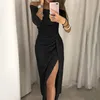 Casual Dresses Spring Summer Club Sexy One Word Collar Highlights Split Pleated Long Sleeve Long Skirt Prom Dresses Elegant Robe Women 230223