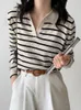 여자 블라우스 셔츠 Qoerlin 줄무늬 폴로 넥 니트 탑 레이디스 롱 슬리브 칼라 2023 스프링 클래식 연인 셔츠 230223