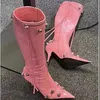 Fashion Design Boots Shoes Pointy Toe Rivets Buckle Knee High Boots High Heel For Women Zip Custom Shoes Size 43