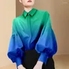 Women's Blouses Elegant Fashion Button Up Shirt Women 2023 Spring Vintage Puff Lantern Sleeve Blouse Female Printed Loose Gradient Tops Chic