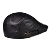 Berets 2023 Design Men's Genuine Leather Beret Cabbie Cap Hat Brand Boy Male Black Brown Color Caps 45% Off