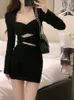 Casual Dresses Black Bodycon Women Autumn Long Sleeve Short Party Office Lady Pure Color Elegant Vintage Y2k Mini Korean 230223