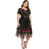 Casual Dresses Women Plus Size Off the Shoulder Floral Brodery A Line Dress Mesh Patchwork Kort ärm Mid-Calf Party Vestidos