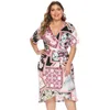 Casual Dresses Women Plus Size V Neck Hepburn Vintage Dress with Belt Floral Printed Short Hides A-Line Party Female Clothes