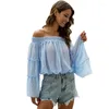 Frauen Blusen 2023 Sommer Frauen Mode Lange Flare Hülse Slash Neck Loch Chiffon Bluse Feste Beiläufige Lose Shirts