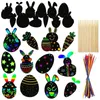 Easter Party Game Pendant Children's Bookmarks DIY Scratch Colorful Paper Rabbit Radish Eggs A set of 12 and 4 Wooden Pens Relieve Stress