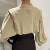 Dames blouses Koreaanse herfst niche retro temperament stand-up kraag rug rug met één borste losse vaste kleur lantaarn mouw shirt blouse