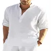 Męskie koszulki 2022 NOWOŚĆ MĘŻCZYZNY Koszulka w szyku V Neck bluzka bawełniana lniana koszula man luźne topy koszula długie rękawowe sprężyna jesień zwykła przystojna męska koszula 022223h