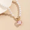 Chains Cute Pink Heart Pendant OT Buckle Clavicle Necklace Women Girl Party Jewelry Vintage Pearl Beads Choker Charming