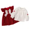 Completi di abbigliamento Set di vestiti di moda autunno per ragazze Set di 2 pezzi / set Top con maniche a lanterna Abito con fiocco grande Bambini Bambini 1-4 anni