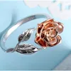 Wedding Rings Fashion Rose Ring Alloy Flower Opening Gold And Silvery Color Leaf Plant Elegant Jewelry For Women's Engagement Gift