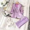 Women's Suits Blazers Women Satin Silk Blazers Autumn Solid Color Notched Collar Single Button Blazer Ladies OL Elegant Slim Glossy Suit Set 230223