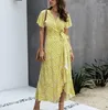 Casual Dresses Summer Long Dress Female Polka Dot Sexig V-ringning Ruffle Short-Sleeved Beach Vacation Ladies Lace Wrap Party