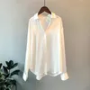 Vrouwen Blouses Shirts Vintage Blouse Satijn Lange mouw Elegante Knop Up Office Lady Lente Zomer Top Vrouwelijke Vrouwen Kleding 230223