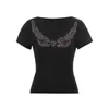 T-shirts pour femmes Hauts courts rétro pour femmes Motif strass Manches courtes Col rond Impression Casual Wild Slim Pull Mode T-shirts