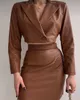 Two Piece Dress Sexy Leather 2 Pieces Women Dresses Double Breasted ed Lapel Tops Mini Skirt Power Custom Made Party Formal 230222