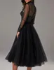 A-Line Balck Короткое выпускное вечеринка платье колена длинная иллюзионная рукава высокая шея с блестками