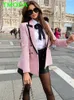 Women's Suits Blazers T MODA Women Elegant Pink Texture Double Breasted Tweed Blazer Long Sleeve Pockets Coats Female Fashion Streetwear Tops 230223