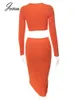 Work Dresses Joskaa Orange Two Piece Set Women Sexy V-neck Long Sleeve Crop Top And Slit Midi Skirt Matching Autumn 2023 Party Club Outfits