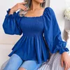 Blouses voor dames F 2023 vrouwen lente zomer casual vierkante nek massief kleur met lange mouwen chiffon shirt houten oren tops voor mode