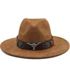 فوكس من جلد الغزال فيدورا قبعات كلاسيكية بقرة رأس الحزام ديكور الرجال