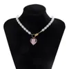 Chains Cute Pink Heart Pendant OT Buckle Clavicle Necklace Women Girl Party Jewelry Vintage Pearl Beads Choker Charming