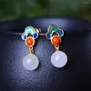 Stud Earrings 925 Sterling Silver White Jade Round Beads Red Agate Inlaid