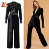 Kobiety Jumpsuits Rompers Zalady Party Joks dla kobiet seksowne w szyku w dekolcie z długim rękawem czarny aksamit bandaż szerokie nogi długie spodnie Kobiety kombinezon 230223