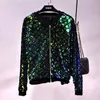 Womens Jackets Patchwork Round Neck Hip Hop Sequined Night Club Jacket Female Solid Color Spring And Autumn Outerwear Long Sleeved Coats 230223