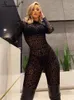 Women's Jumpsuits Rompers Simenual Animal Instinct Mesh Bodystocking Leopard See Through Velour Long Sleeve Rompers Womens Jumpsuit Sexy Midnight Clubwear 230223