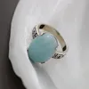 Clusterringen Authentiek 925 Sterling Silver Retro Style Ring ingelegde Natural Aquamarine Handgemaakte Creative Trendy Women Sieraden Gift