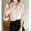 Kvinnors blusar skjortor elegant mode koreansk vit lång ärm täckt knapp bekväma blusar raka löst vilda fast färg skjorta kvinnor kläder 230223