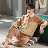 Men's Sleepwear Man Pajamas Set Full Sleeve T-shirt Long Pants Winter Sexy Casual Neck Warm Pyjama Big Size Men's Homewear Cozy Plus