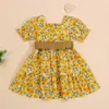 Robes de fille FOCUSNORM Summer Princess Toddler Girls Dress avec ceinture 16Y Fleurs Imprimé Volants Manches Genou Longueur ALine Dress Z0223