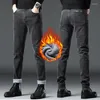 Mäns jeans Casual Men's Winter Fleece Korean Stretch Cotton Thermal Warm Slim Fit Denim Pants for Man