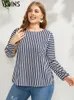 Women's Plus Size T-Shirt YOINS Women Blouses Fashion Lace Patchwork Elegant Long Sleeve Plus Size Shirts Backless Striped Tops Blusas Casual Tunic 230224