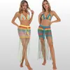 Boho Virkad Dam Baddräkt Matchande Set Frans Färgglad Sexig BH kjol 2 delar Set Badkläder Backless Beach Outfit Sommar